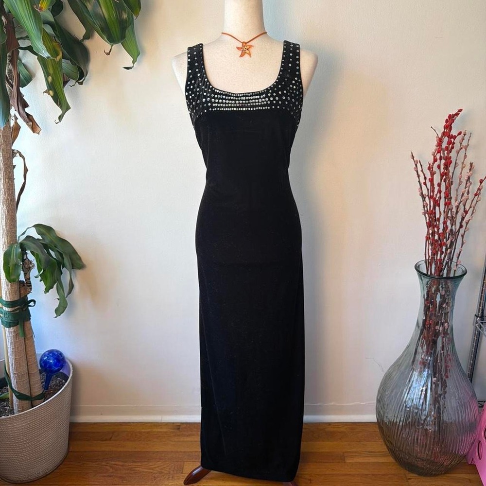 Robbie Bee Vintage 90s Black Velvet Sequin Beaded Maxi Gown Dress 10